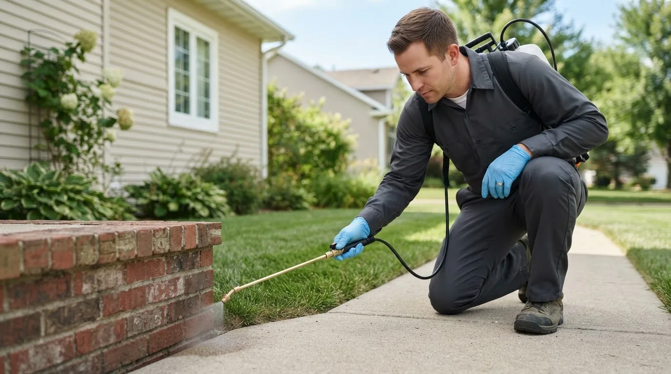 Pest control technician treating a home near New Paris, PA